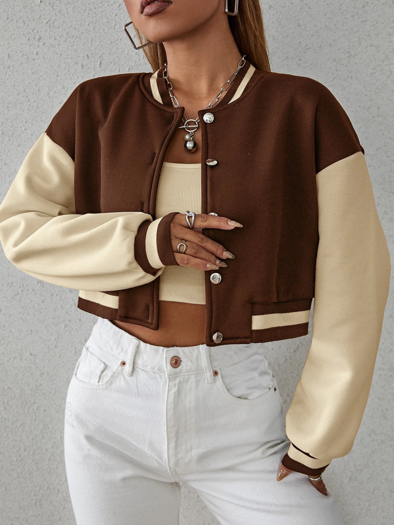 Drop Shoulder Two Tone Crop Varsity Jacket Fall Winter Cloth For Women