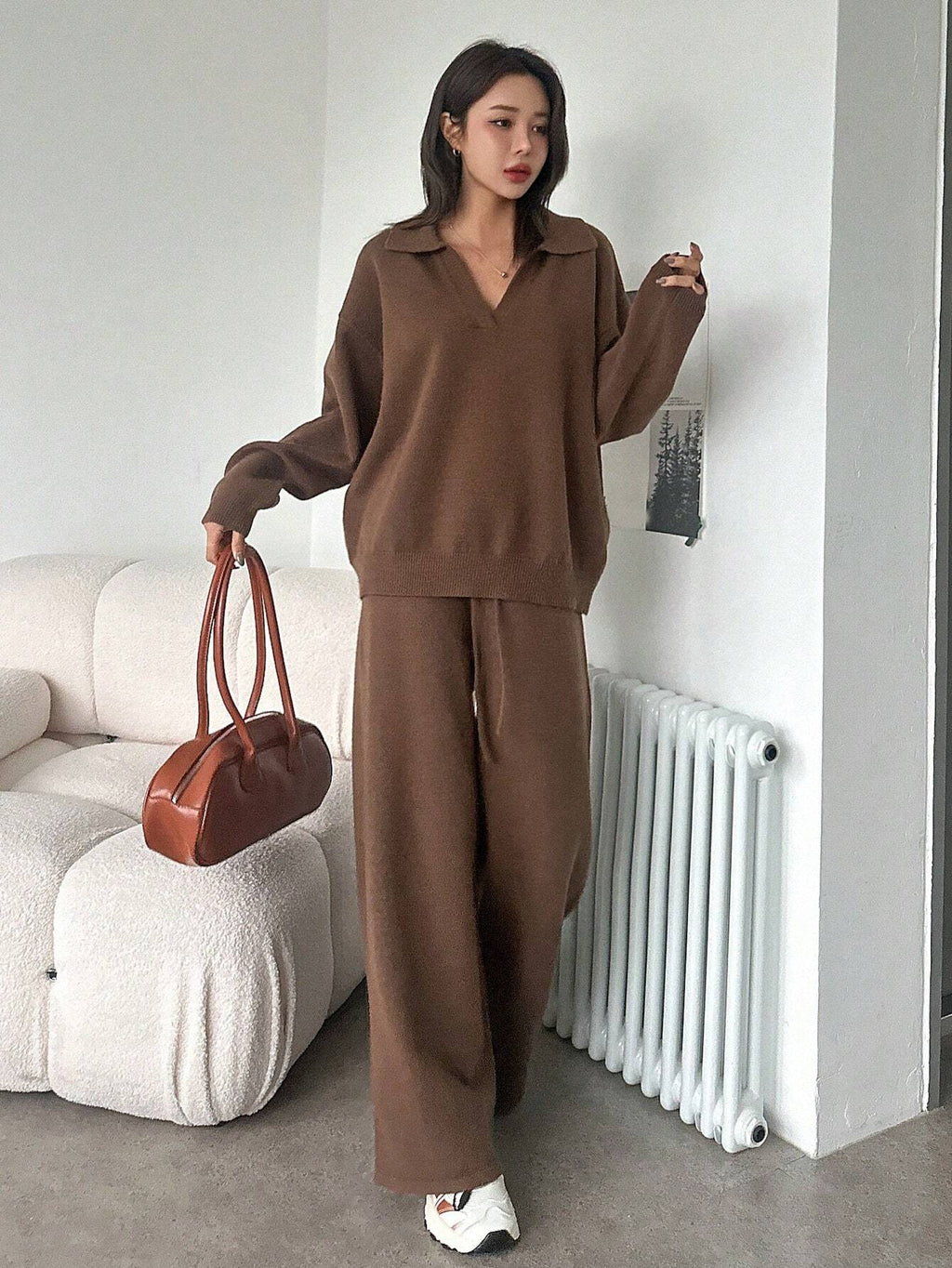 Casual Solid Color Turndown Collar Loose Sweater And Wide Leg Pants 2 Pieces Set