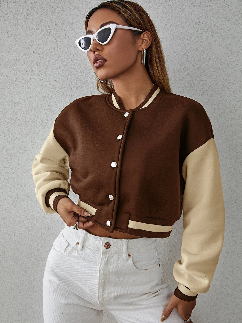Drop Shoulder Two Tone Crop Varsity Jacket Fall Winter Cloth For Women