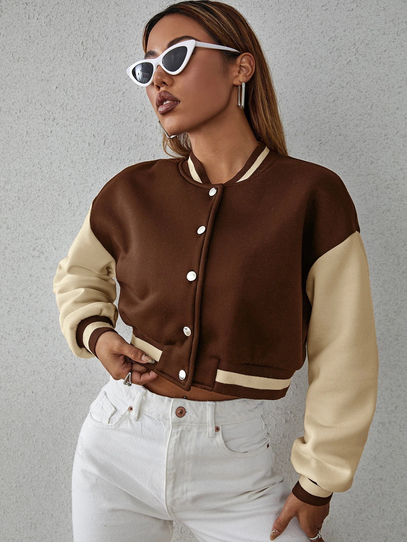 Drop Shoulder Two Tone Crop Varsity Jacket Fall Winter Cloth For Women