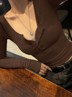 Solid Color Slim Fit Half-Placket Buttoned Long Sleeve T-Shirt