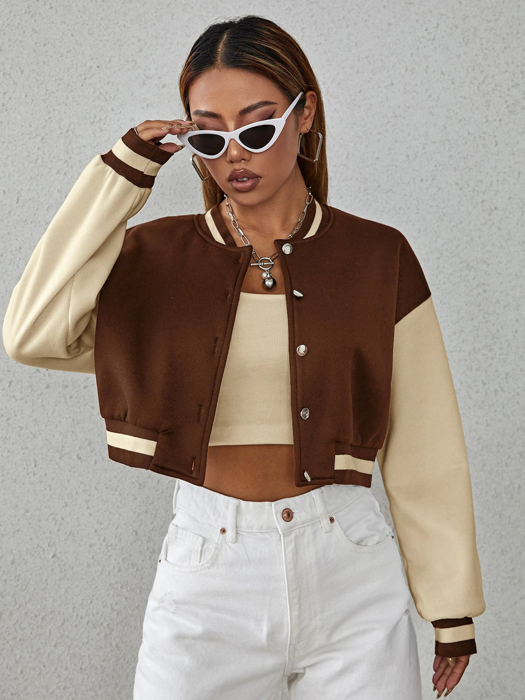 Drop Shoulder Two Tone Crop Varsity Jacket Fall Winter Cloth For Women