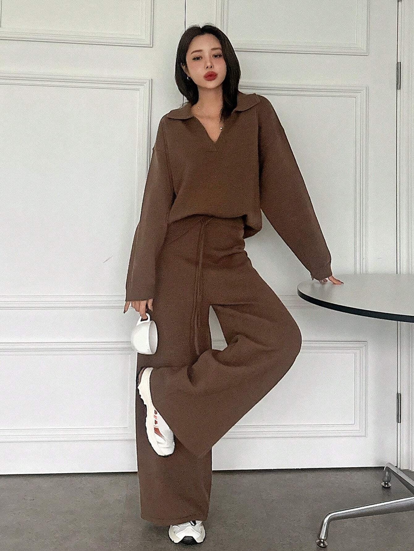 Casual Solid Color Turndown Collar Loose Sweater And Wide Leg Pants 2 Pieces Set