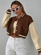Drop Shoulder Two Tone Crop Varsity Jacket Fall Winter Cloth For Women