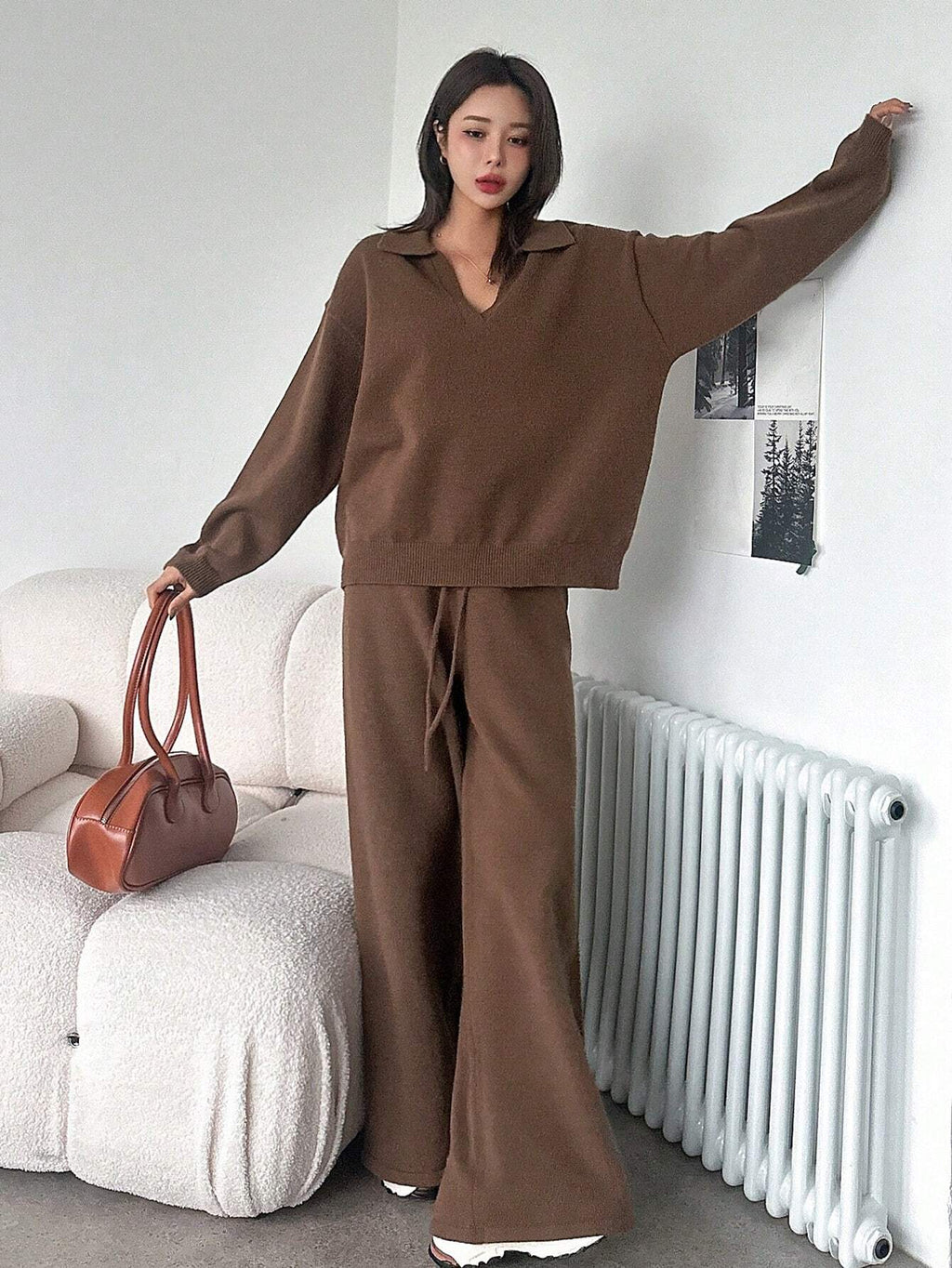 Casual Solid Color Turndown Collar Loose Sweater And Wide Leg Pants 2 Pieces Set
