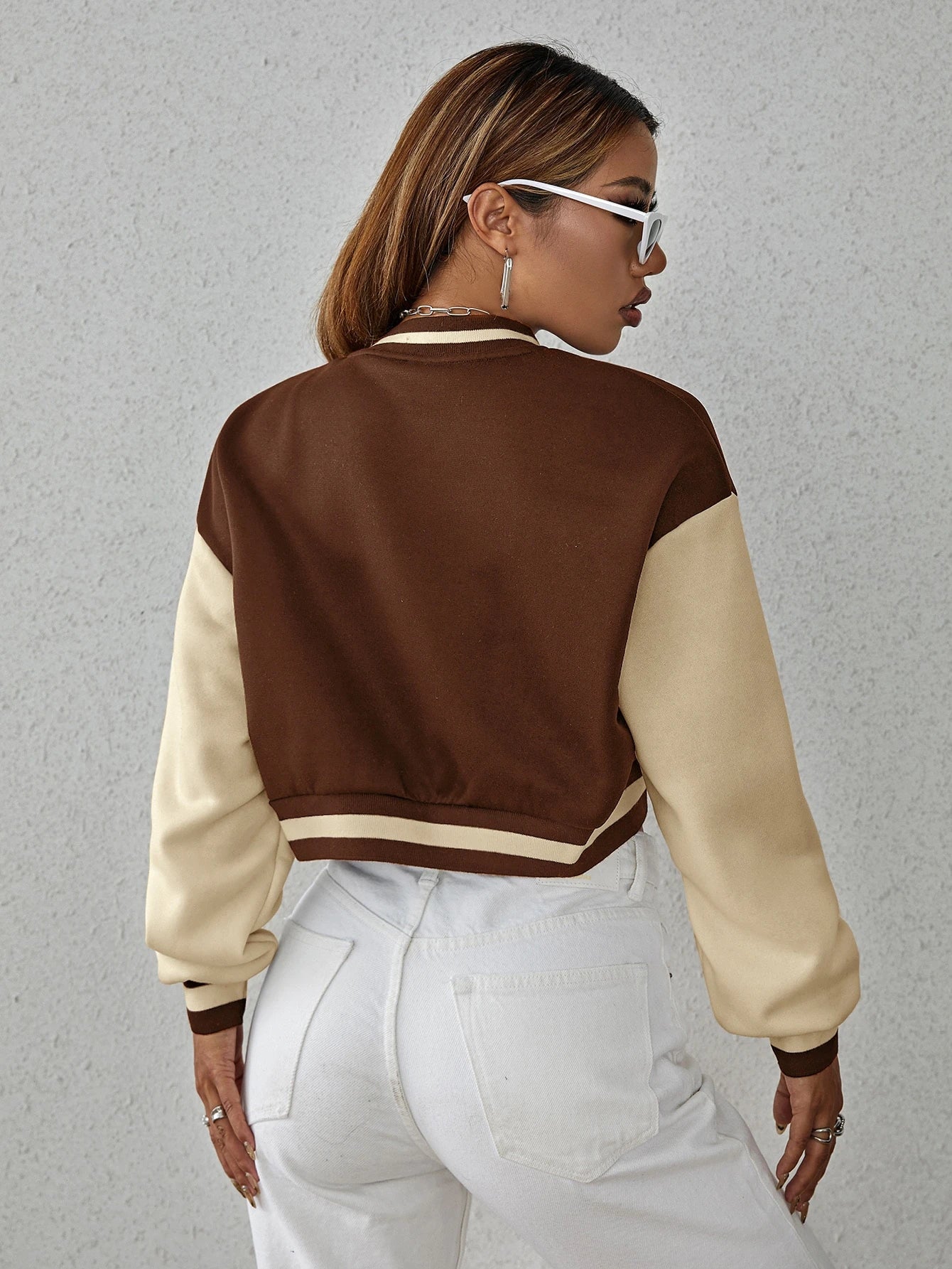 Drop Shoulder Two Tone Crop Varsity Jacket Fall Winter Cloth For Women
