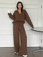 Casual Solid Color Turndown Collar Loose Sweater And Wide Leg Pants 2 Pieces Set