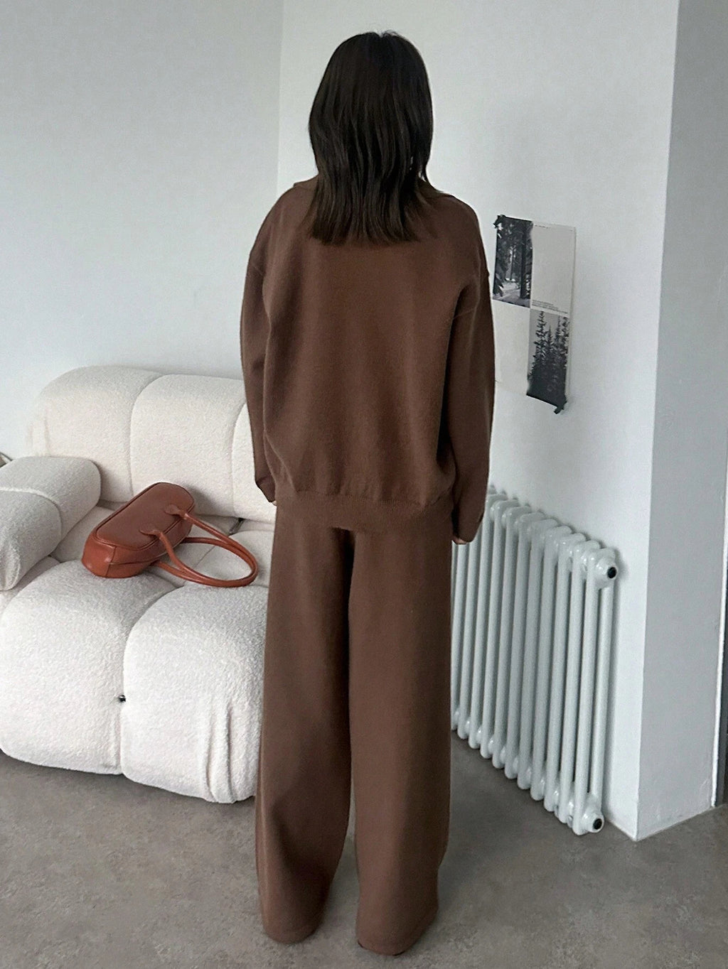 Casual Solid Color Turndown Collar Loose Sweater And Wide Leg Pants 2 Pieces Set
