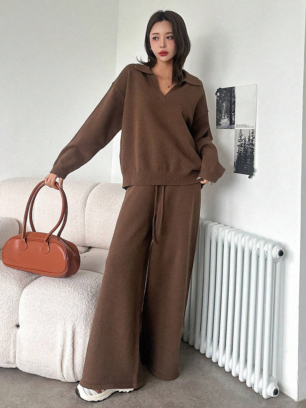 Casual Solid Color Turndown Collar Loose Sweater And Wide Leg Pants 2 Pieces Set