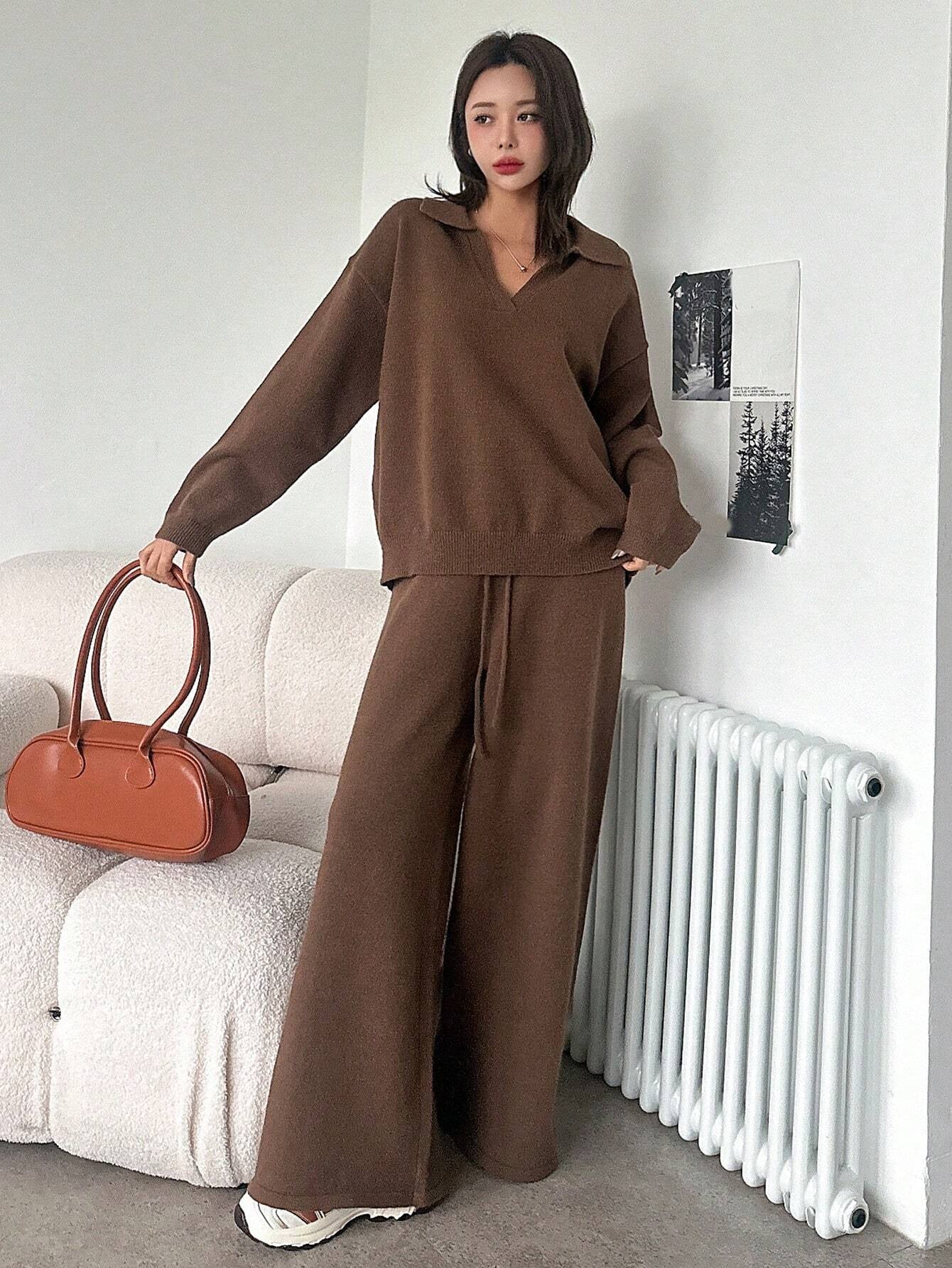 Casual Solid Color Turndown Collar Loose Sweater And Wide Leg Pants 2 Pieces Set