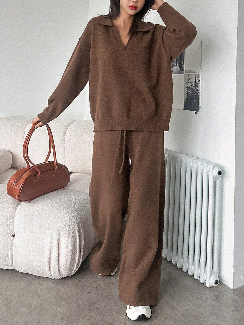 Casual Solid Color Turndown Collar Loose Sweater And Wide Leg Pants 2 Pieces Set