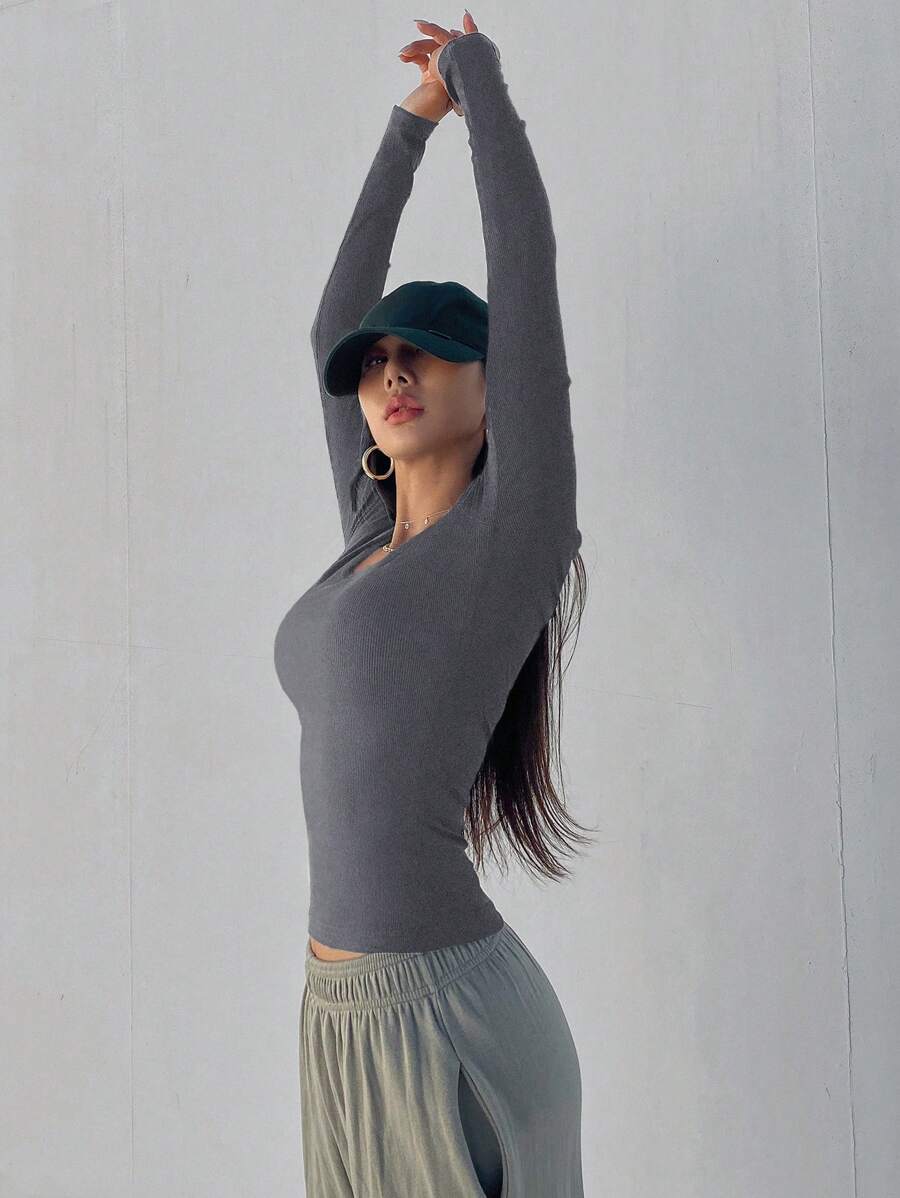 Solid Color Ribbed Slim Fit Long Sleeve T-Shirt