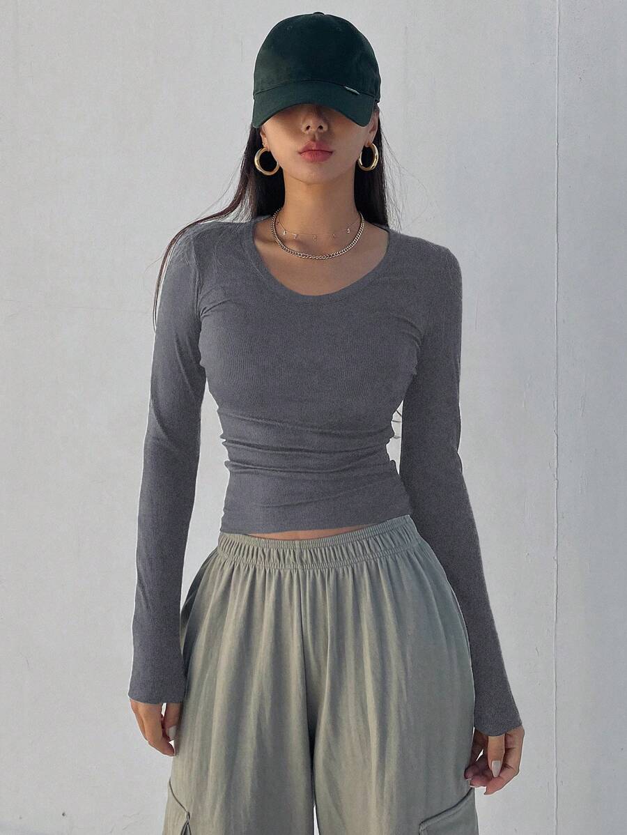Solid Color Ribbed Slim Fit Long Sleeve T-Shirt