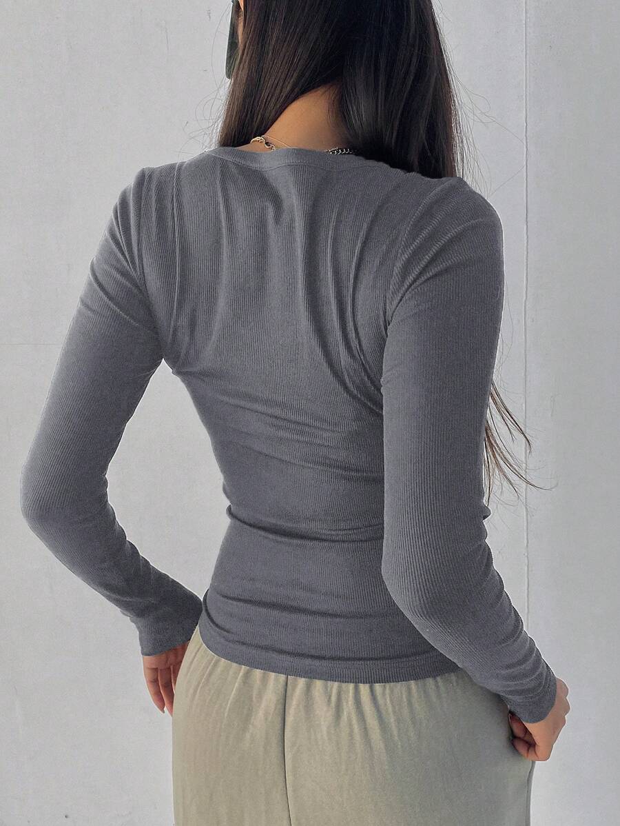 Solid Color Ribbed Slim Fit Long Sleeve T-Shirt