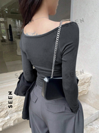 Women's Solid Color Square Neckline Long Sleeve Slim Fit T-Shirt