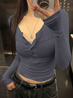 Solid Color Slim Fit Half-Placket Buttoned Long Sleeve T-Shirt