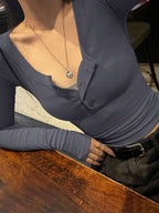 Solid Color Slim Fit Half-Placket Buttoned Long Sleeve T-Shirt