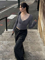 Solid Color Slim Fit Half-Placket Buttoned Long Sleeve T-Shirt