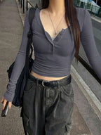 Solid Color Slim Fit Half-Placket Buttoned Long Sleeve T-Shirt