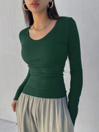 Solid Color Ribbed Slim Fit Long Sleeve T-Shirt