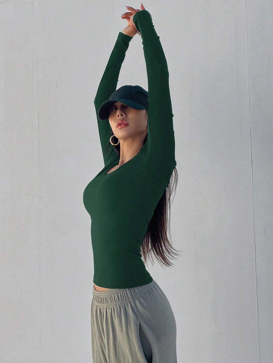 Solid Color Ribbed Slim Fit Long Sleeve T-Shirt