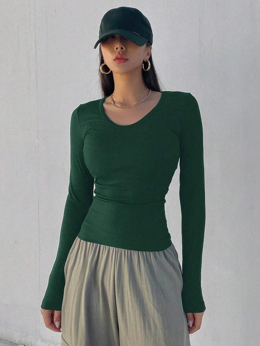 Solid Color Ribbed Slim Fit Long Sleeve T-Shirt