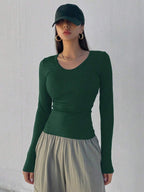 Solid Color Ribbed Slim Fit Long Sleeve T-Shirt