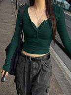Solid Color Slim Fit Half-Placket Buttoned Long Sleeve T-Shirt
