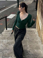 Solid Color Slim Fit Half-Placket Buttoned Long Sleeve T-Shirt
