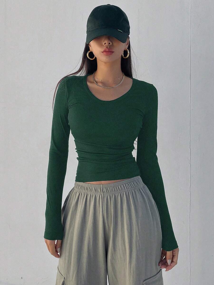 Solid Color Ribbed Slim Fit Long Sleeve T-Shirt
