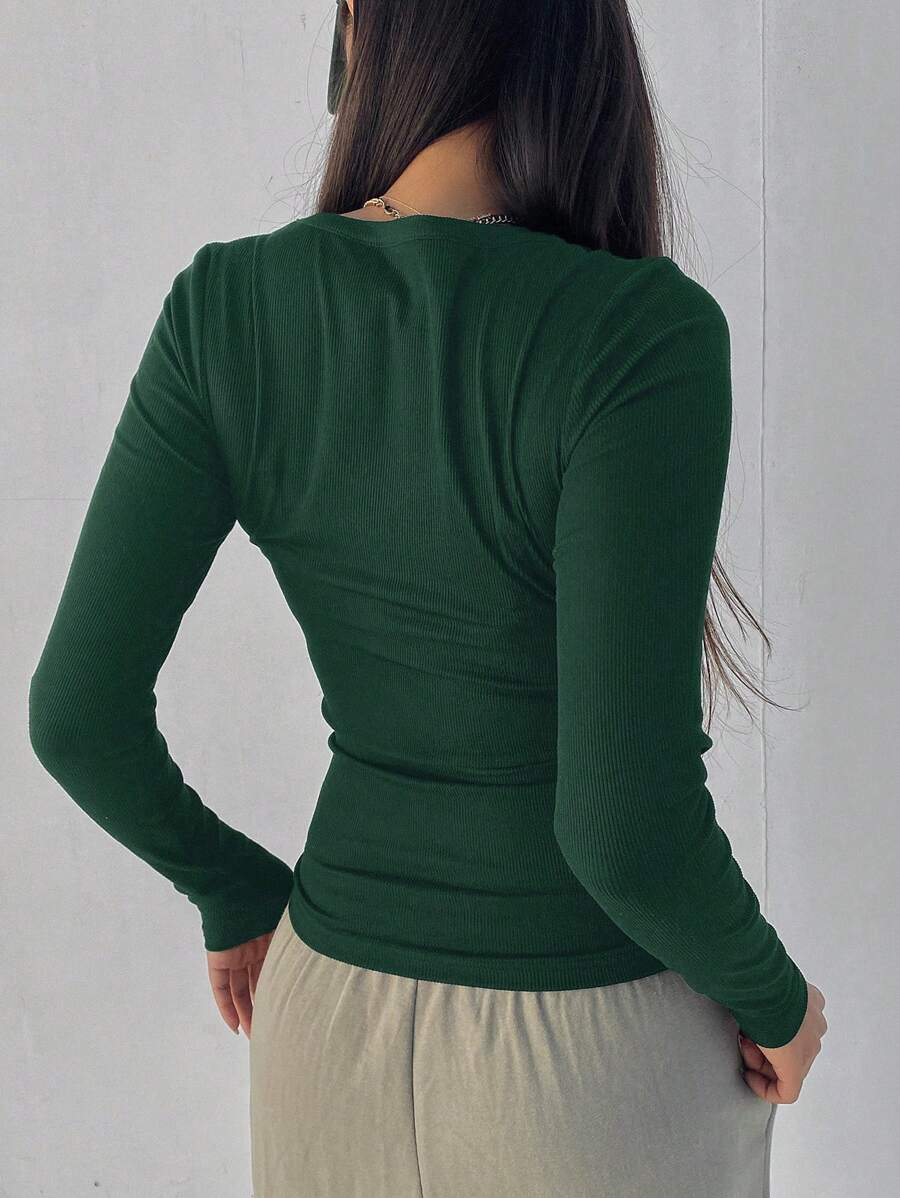 Solid Color Ribbed Slim Fit Long Sleeve T-Shirt