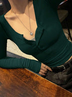 Solid Color Slim Fit Half-Placket Buttoned Long Sleeve T-Shirt