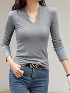 Casual Long Sleeve T-Shirt - Deep V-Neck Semi-Sheer Top