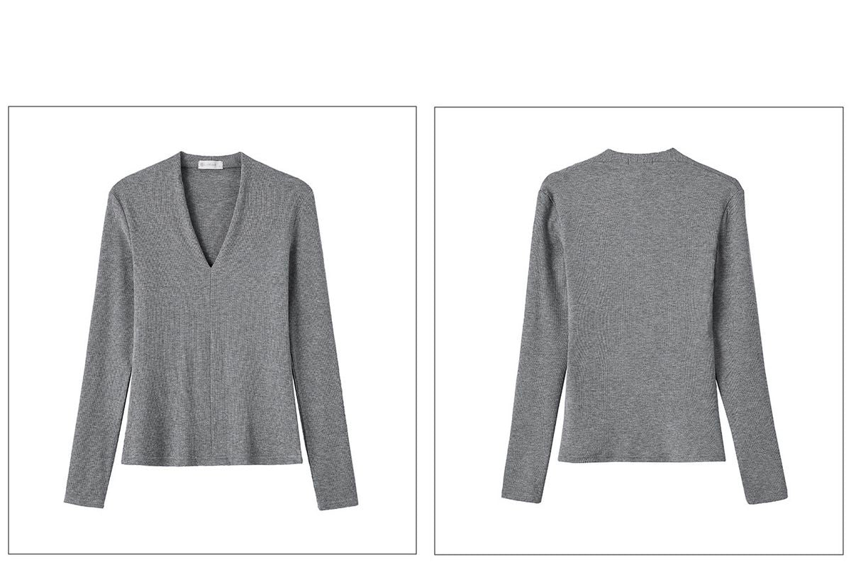 Casual Long Sleeve T-Shirt - Deep V-Neck Semi-Sheer Top