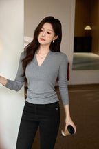 Casual Long Sleeve T-Shirt - Deep V-Neck Semi-Sheer Top