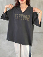 V-Neck Dropped Shoulder Short Sleeve Casual Loose Letter Print T-Shirt