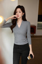 Casual Long Sleeve T-Shirt - Deep V-Neck Semi-Sheer Top