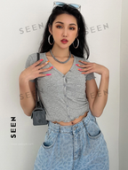 Button Front Rib-knit Crop Tee