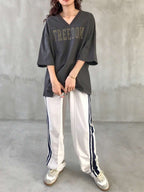 V-Neck Dropped Shoulder Short Sleeve Casual Loose Letter Print T-Shirt