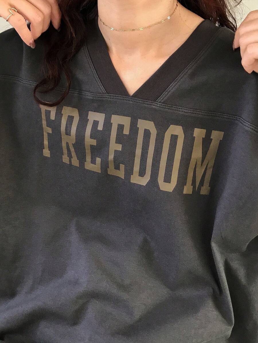 V-Neck Dropped Shoulder Short Sleeve Casual Loose Letter Print T-Shirt