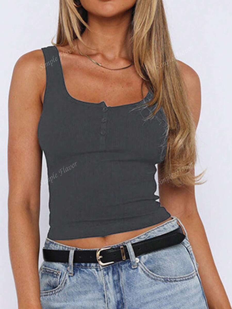 Solid Color Button Half Placket Tank Top