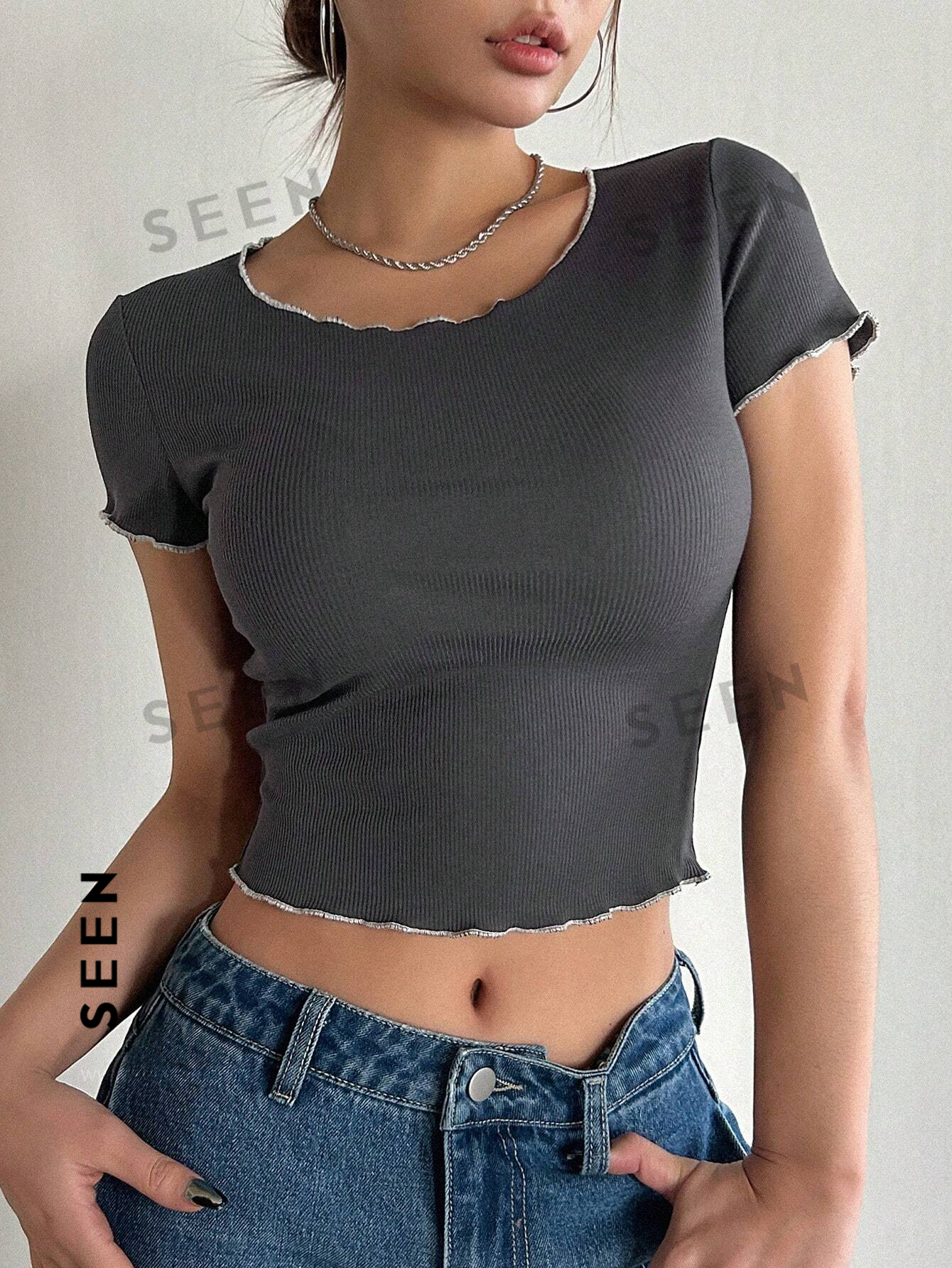 Women's Color Block Decor Crew Neck Cropped Slim Fit Short Sleeve T-Shirt