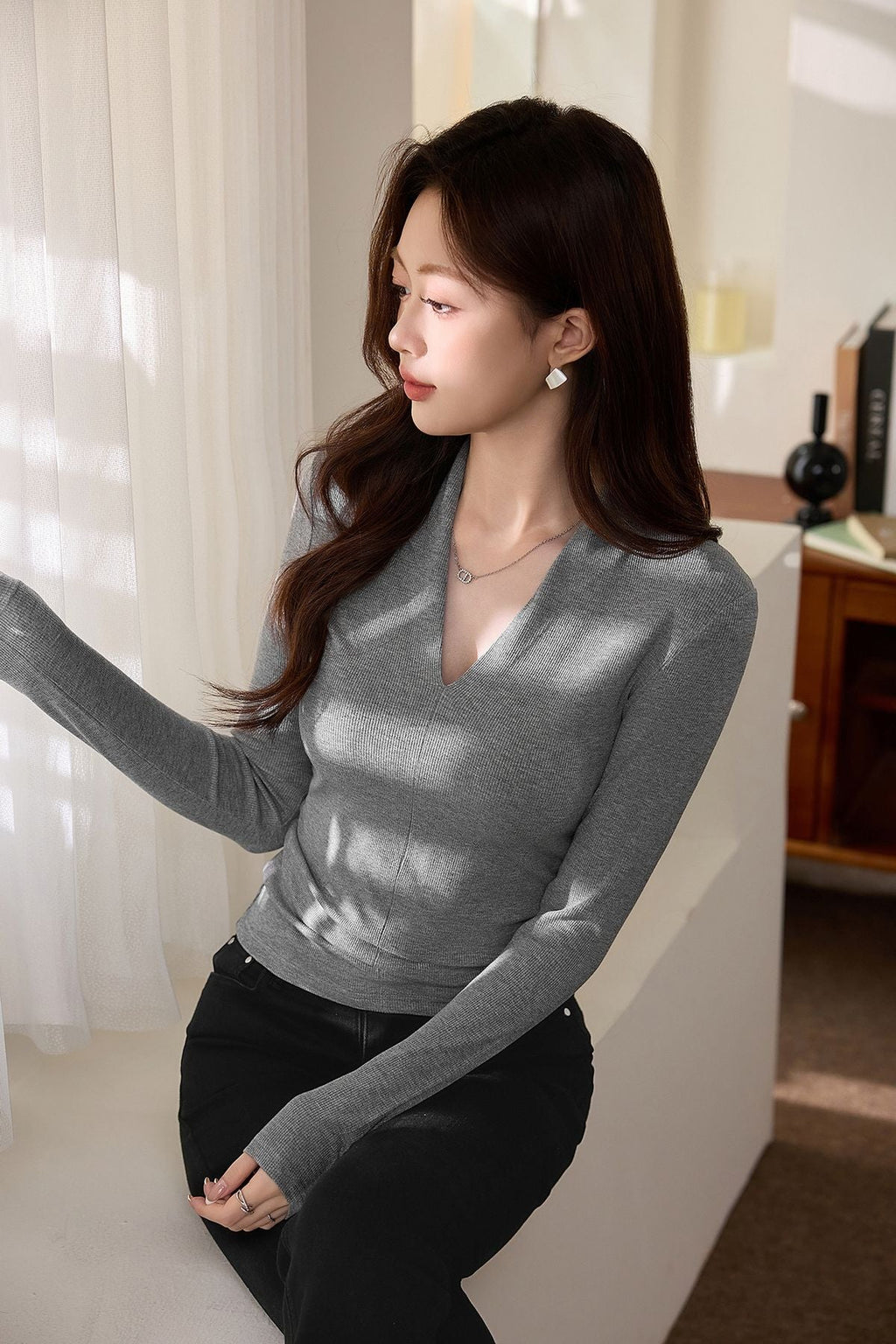 Casual Long Sleeve T-Shirt - Deep V-Neck Semi-Sheer Top