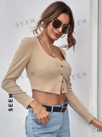 Neck Button Placket Rib-knit Tee