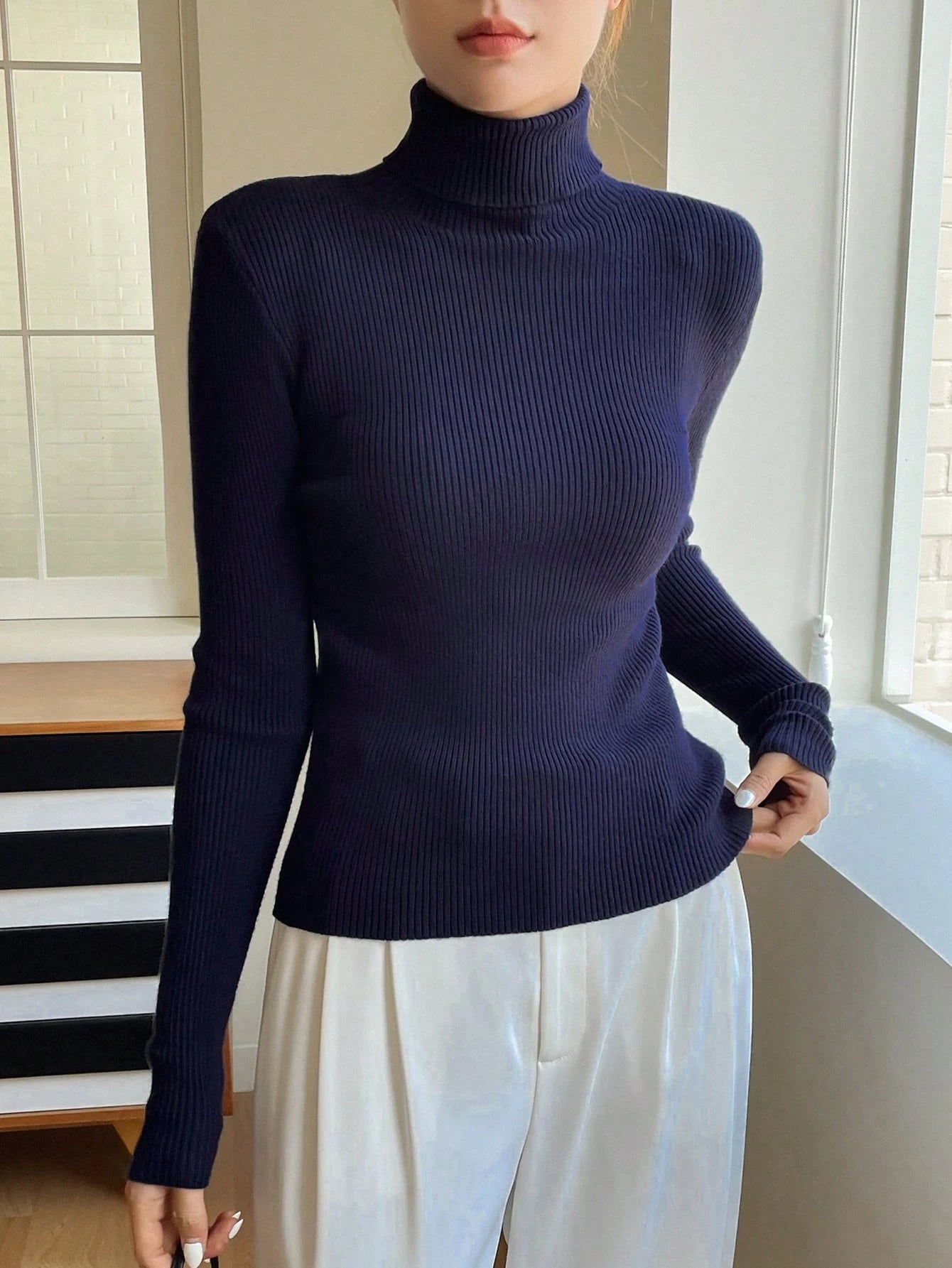 Basic Solid High Neck Long Sleeve Knit Sweater