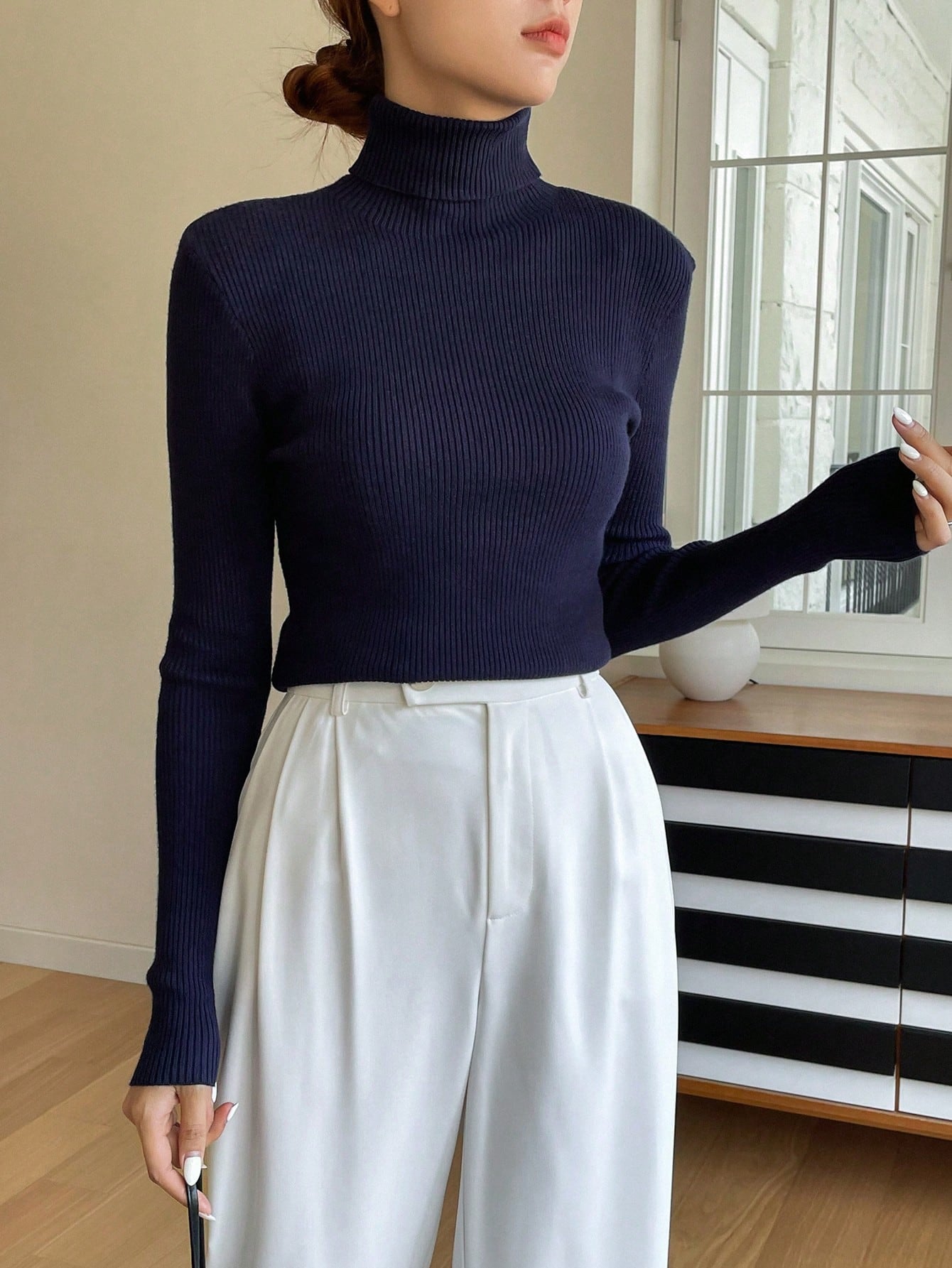 Basic Solid High Neck Long Sleeve Knit Sweater