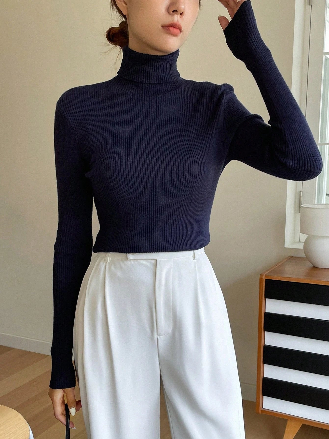 Basic Solid High Neck Long Sleeve Knit Sweater
