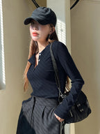 Women's Semi-Open Collar Fitted Long Sleeve T-Shirt