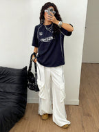 Streetwear Going Out Y2K Cool Event Letter Printed Graphics Color-Blocked Short Sleeve Blue Jersey T-Shirt