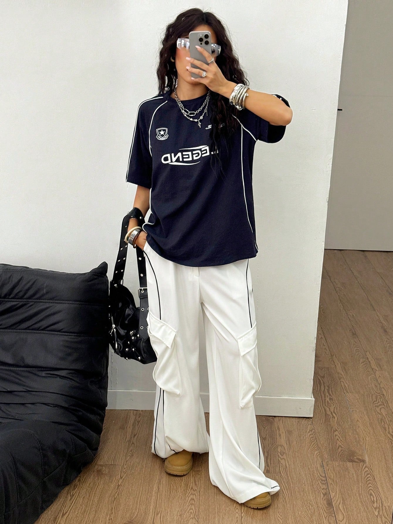 Streetwear Going Out Y2K Cool Event Letter Printed Graphics Color-Blocked Short Sleeve Blue Jersey T-Shirt